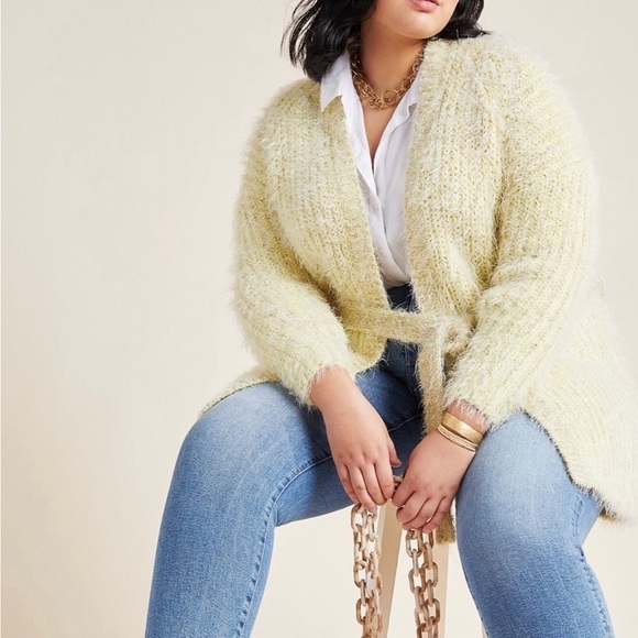 ANTHROPOLOGIE Larkin Yellow Shimmer Metallic Thread Eyelash Cardigan - Picture 1 of 12